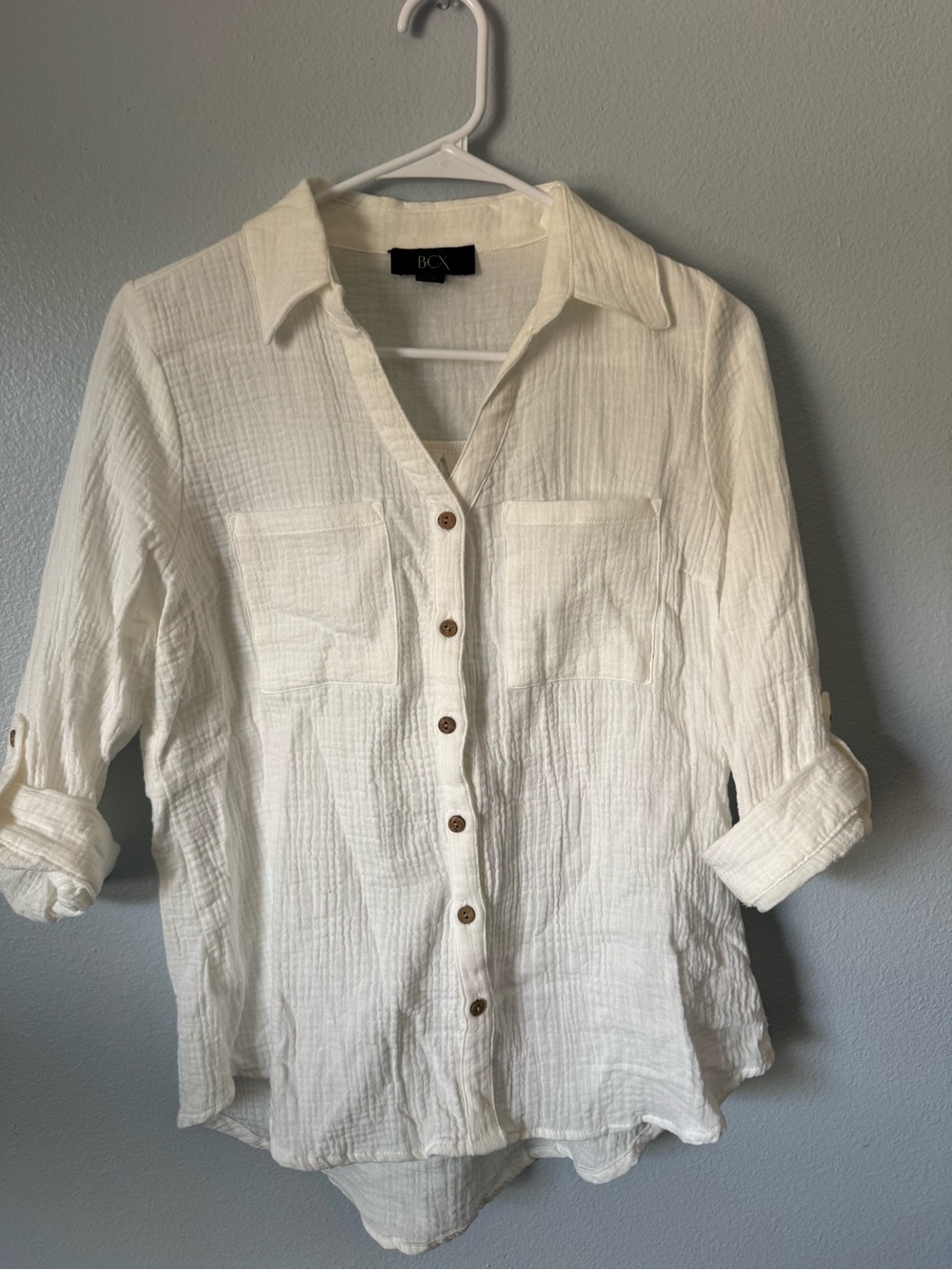 BCX Women’s White Gauze Button Front Shirt Size Medium Roll Tab Sleeve Boho